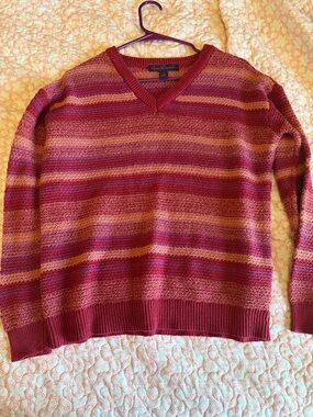 Gloria Vanderbilt Men's V-Neck Striped Sweater - Burgundy, Pink, Gold